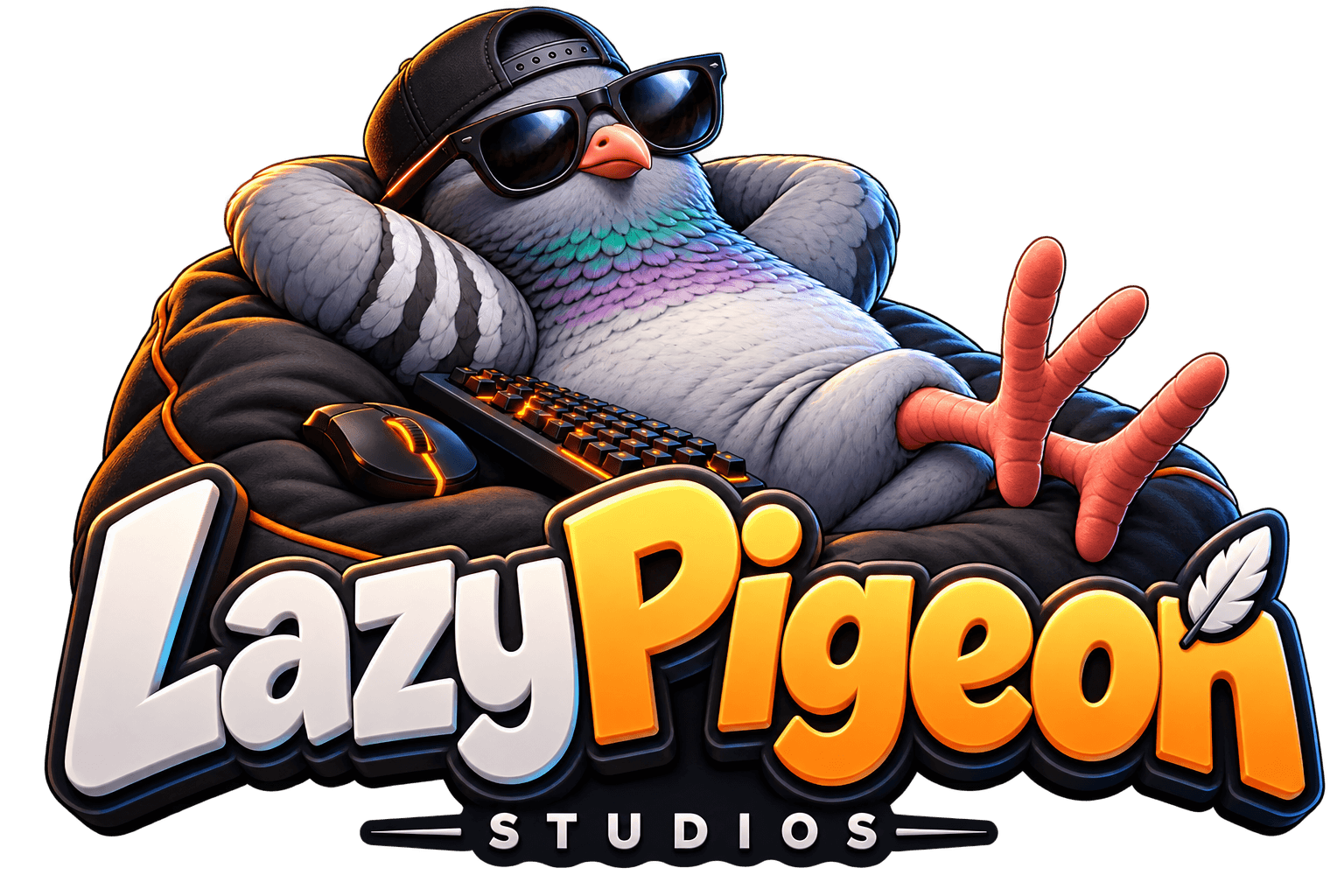 Mascote oficial da LazyPigeon Studios: um pombo descontraído com óculos de sol e boné, num pufe gaming.